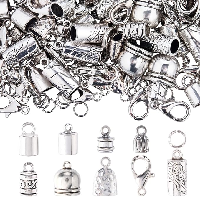 SUNNYCLUE 1 Box 230pcs Tassel Cord End Caps Kumihimo Cord Ends Antique Silver Tibetan Crimp Glue in Barrel Leather Thread End Terminator Tips with Lobster Clasp for Jewelry Making Kits Bracelets DIY
