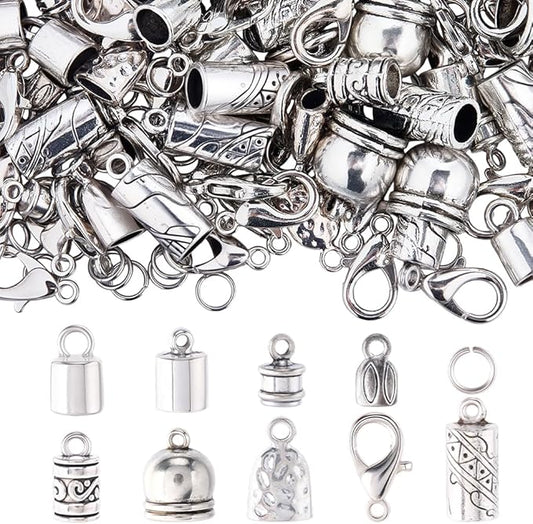 SUNNYCLUE 1 Box 230pcs Tassel Cord End Caps Kumihimo Cord Ends Antique Silver Tibetan Crimp Glue in Barrel Leather Thread End Terminator Tips with Lobster Clasp for Jewelry Making Kits Bracelets DIY
