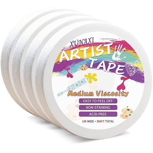 4 Packs Artist Tape Medium Tack White Art Tape for Watercolor Paper Drafting Art Painting Canvas Framing Acid Free Masking Tape- 1IN Wide 396FT Long Total