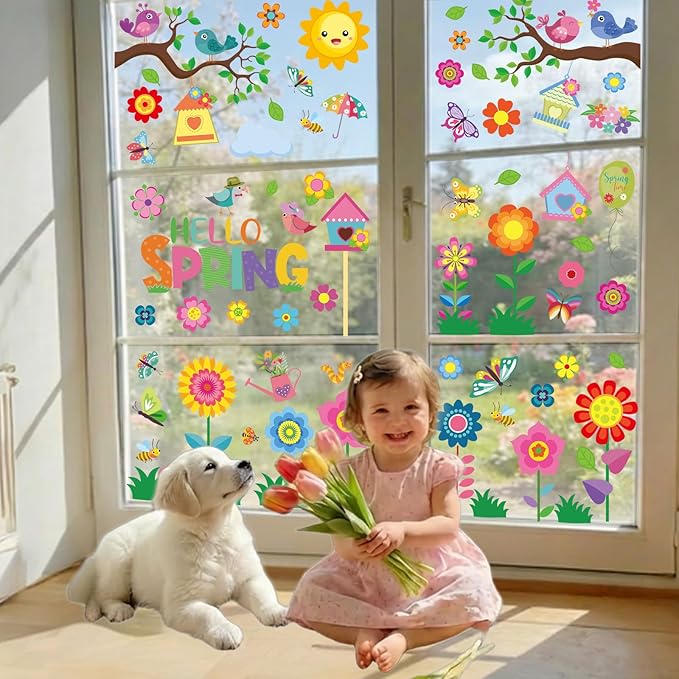9 sheets spring window clings for glass windows, hello spring stickers decals decor for kids, summer decorations for classroom, home, office