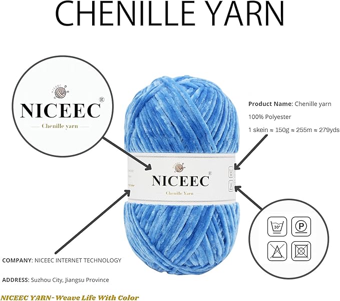 NICEEC 2 Skeins Soft Chenille Yarn Blanket Yarn for Knitting Fancy Yarn for Crochet Weaving DIY Craft Total Length 2×255m (2×279yds, 2×150g)_Blue