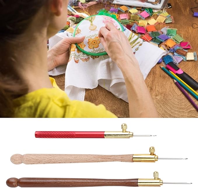 Tambour Embroidery Kit Tambour Hook 3Pcs Stainless Steel Wood Handle Embroidery Crochet Hooks Punch Needle with 9 Needles French Tambour Beading Sequins Sewing Craft Tool