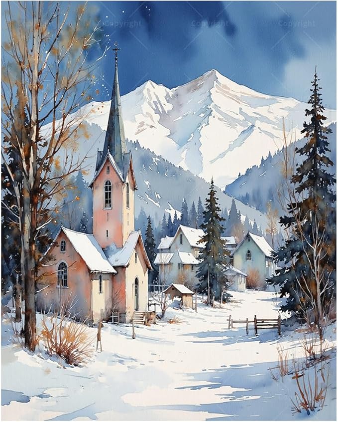 Winter Paint by Numbers Kit for Adults - DIY Snowy Mountain Village and Church Painting on Canvas, Acrylic Paint Set, Suitable for Beginners, Seasonal Art for Home Decoration or Gifts(16X20IN Framed)