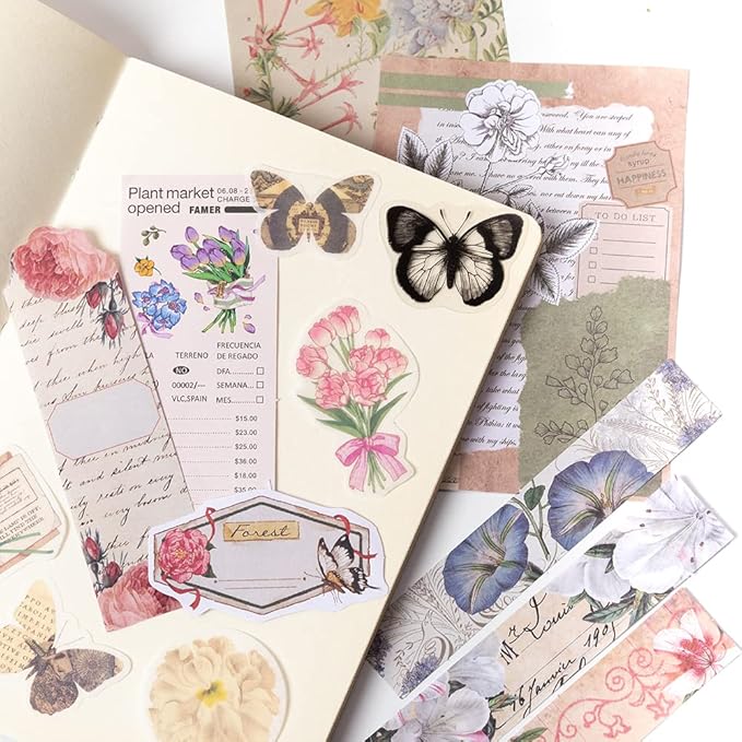 Alideco 260pcs Vintage Scrapbook Stickers Scrapbooking Paper Washi Junk Journaling Supplies Collage Album Aesthetic Cottagecore Picture Frames(Flowers Butterfly)