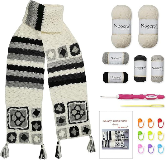 Noocro Granny Square Scarf Crochet Kit – Complete Yarn Kit with Crochet Hook, Markers, and Other Accessories, Detailed Instruction & Video Tutorial – for Intermediate or Ambitious Beginners
