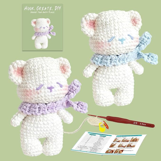 JueRum All in One Crochet Kit for Beginners,Bear Crochet Starter Kit with Step-by-Step Video Tutorials,Learn to Crochet Bear Animals Amigurumi Knitting Kit for Adult