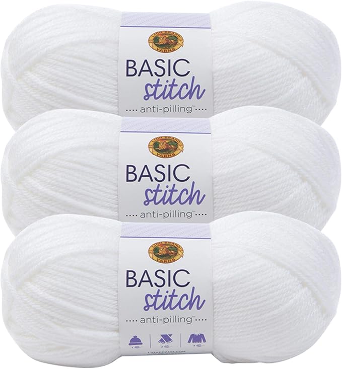 Lion Brand Yarn Basic Stitch Anti-Pilling Yarn for Crocheting, Knitting, and Crafts, White, 3 Pack
