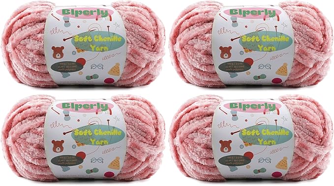 4 * 100g Velvet Chenille Chunky Yarn for Crocheting - 49.2yds per Skein Plush Fluffy Yarn - Easy to Use for Baby Blankets, Knitting Creations & DIY Crafts (4, Peach Pink)