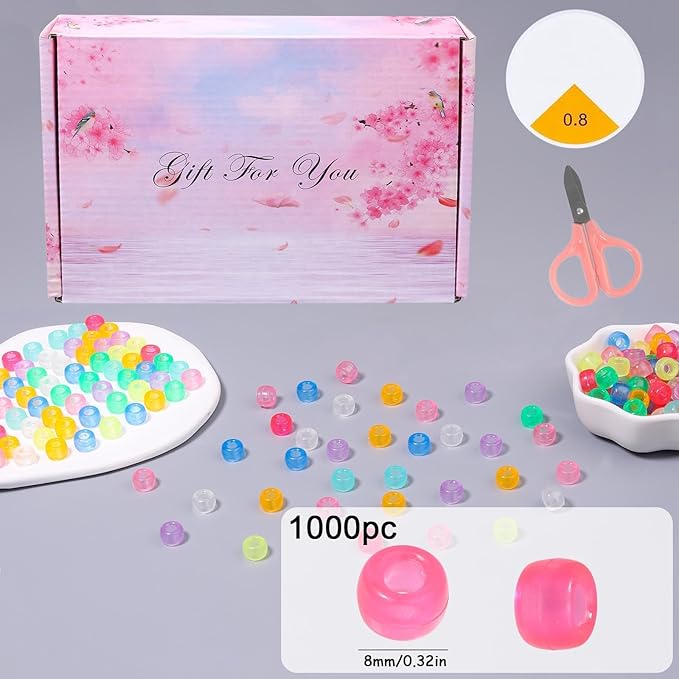 1000Pcs 6x9mm Glow in The Drark Pony Beads for Jewelry Making, 5 Style Color Kandi Hair Beads for Braids, Bracelets Making Kit, with Stretch Cord and Scissors