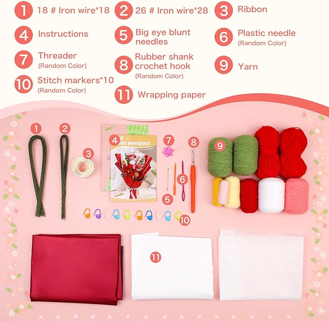 Iuuidu Crochet Kit for Beginners, Flower Bouquet Crochet Kit Rose, Crochet Starter Kit for Beginners with Step-by-Step Video Tutorials for Birthday Anniversary Day Present, Home Decor (Red)