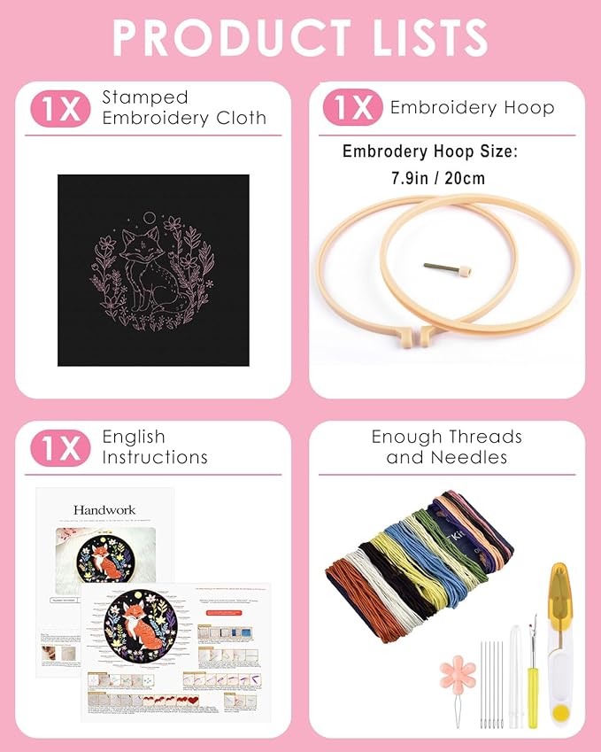 TINDTOP Embroidery Kit for Beginners Adult, Fox Embroidery Kit for Beginners Include Embroidery Cloth Hoops Threads for Craft Lover Hand Stitch with Embroidery Skill Techniques