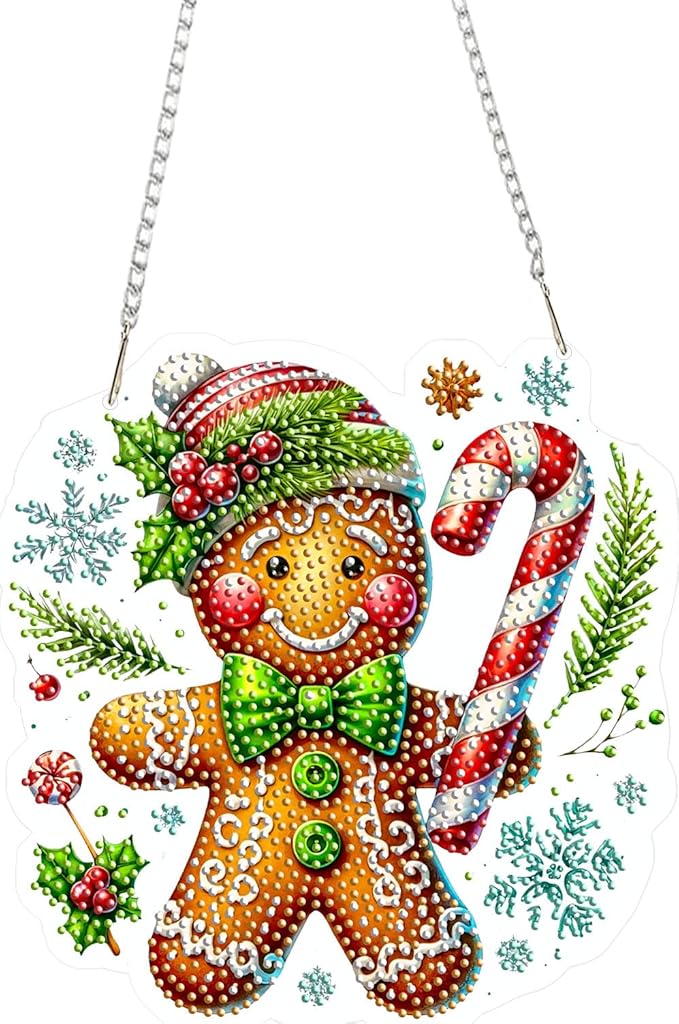 EMIEAUFG Christmas Diamond Art Hanging Kit for Adult, Xmas Gingerbread Diamond Art Pendants, Double Sided Acrylic & 5D Special Shaped Rhinestone, Christmas DIY Ornament for Window Home Wall Decor