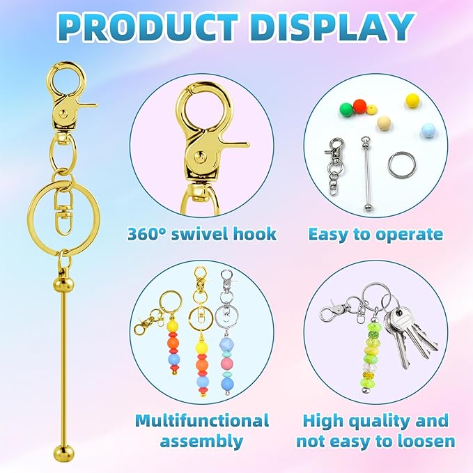 80 Pcs Beadable Keychains Bulk Kit – DIY Keychain Making Supplies with Metal Blanks for Crafts, Jewelry, Charms, Custom Projects – Blank Chain Bars for Beaded Keychain Design (Gold + Silver)