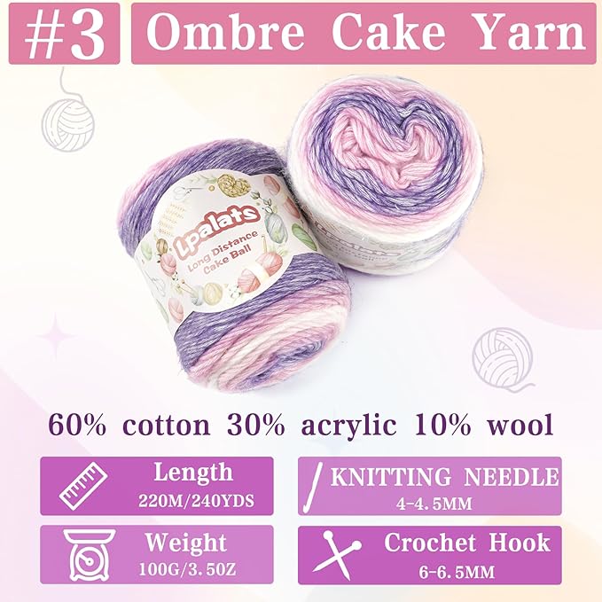 Ombre Yarn for Crocheting - 4x100g Soft 60% Cotton 40% Acrylic Yarn - 962 Yds Gradient Cake Yarns for Knitting Shawls Blankets Sweater with 2 Crochet Hooks (4, Pink Gradient)