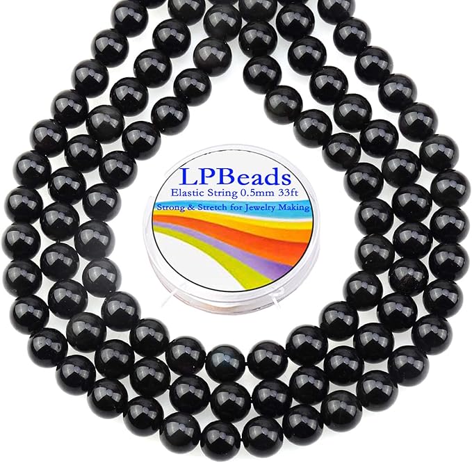 LPBeads 80Pcs Polished 10mm Round Natural Obsidian Gemstone Loose Beads with Stretch Cord for Jewelry Making Bracelets