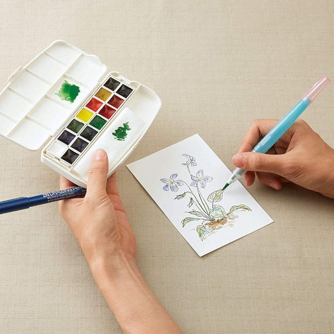 Kuretake WATERCOLOUR TRANSPARENT 14 colors set with fineliner pen and water brush pen, Portable, In a compact box, Vibrant watercolors, For professional and hobbyist, AP-Certified, Made in Japan