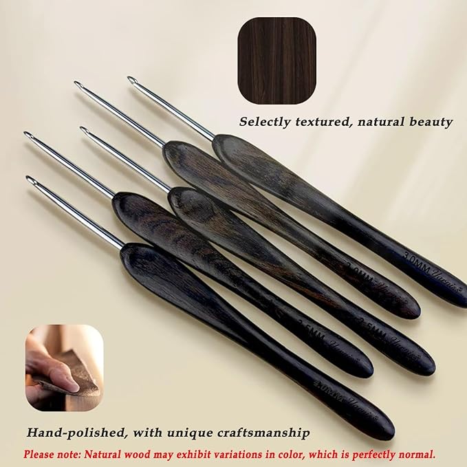 Yarniss 5.0mm Steel Crochet Hook with Ebony Wooden Handle,Handmade Inline Crochet Hook with Pointed Head,Comfortable Crochet Needle with Case