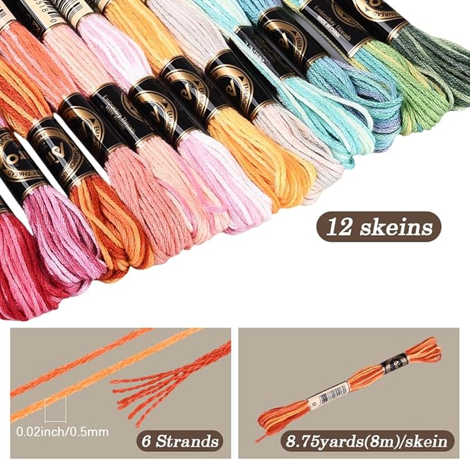 12 Skeins 105 Yards Colorful Cross Stitch Floss Embroidery Thread 6 Ply Variegated Friendship String Polyester Threads Bulk for Sewing Making Bracelets Clothes Stitching Decor Crafts DIY