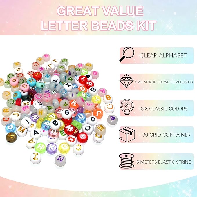 1500 Pieces 6 Colors Letter Alphabet Beads and Number Heart Beads Round Flat and Crystal Line for Jewelry Making