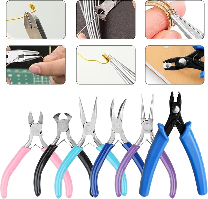 6 pcsjewelry pliers set, include needle round bent nose zipper wire cutter looper jewelry pliersset, wire wrapping tools for jewelry making repair diy arts and crafting, jewelers pliers set
