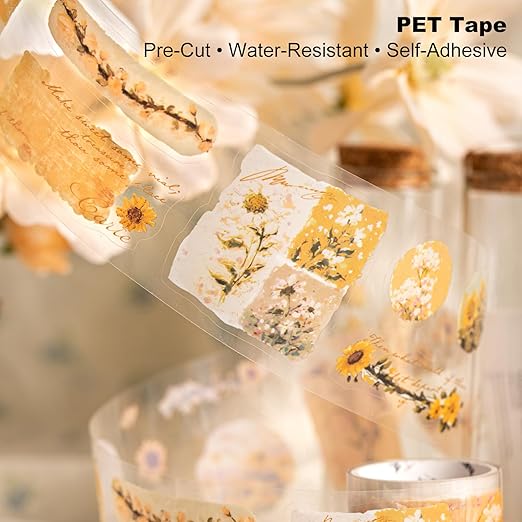 6 Rolls Floral Pre-Cut PET Sticker Tape Set, 1.97in x 78.7in Each, Vintage Botanicals & Script for Scrapbook Journals, Planners, DIY Décor