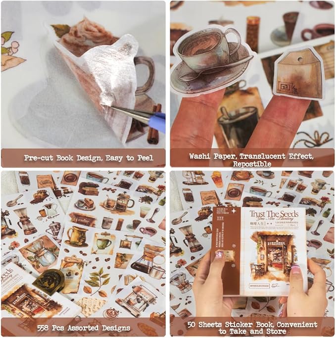 558pcs Coffee Journal Stickers, Ephemera for Junk Journaling Supplies, 50 Sheets Pre-Cut Washi Scrapbook Sticker Book for Scrapbooking, Bujo, Collage, Planners, DIY Art Crafts
