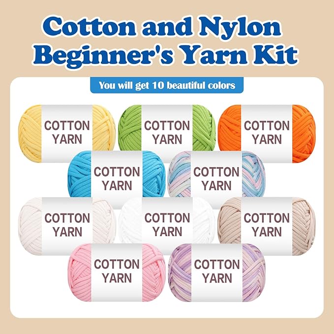 SIMEIQI 10×50g Beginners Yarn Kit for Crocheting and Knitting,Cotton Nylon Blend Yarn for Hand DIY Bag Basket Dolls and Cushion A
