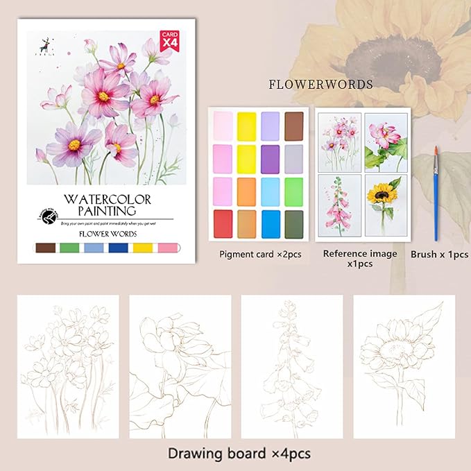 MaiMaiTu 11.5" x 8.5" Watercolor Workbook for Adults, Easy Nature Scenes Paint Coloring Book Paint, Water Coloring Book with 4 Floral Drawings 2 Pigment Card and 1 Brush (Flower Words)