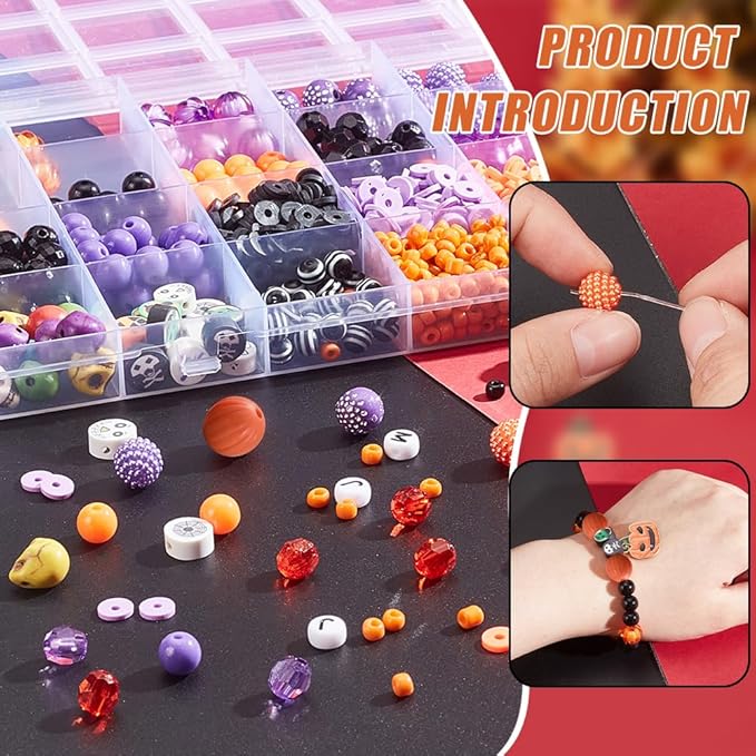 PH PandaHall Halloween Friendship Bracelet Kit, 1370+ Halloween Beads 24 Styles Orange Purple Acrylic Bead Skull Ghost Beads Charms Clay Heishi Bead for Jewelry Making Bracelet Necklace DIY Crafts