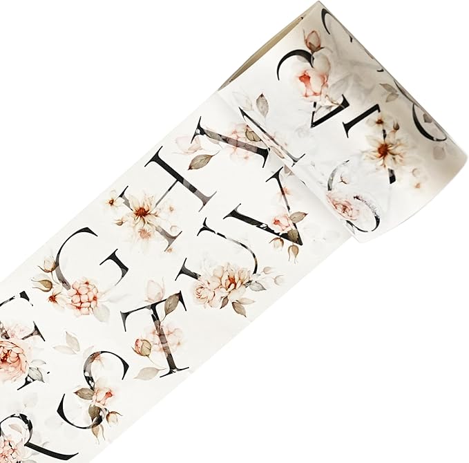 WT Pre-Cut Rosé Scripts Wide Washi Tape, Single Roll, Original Designs, Blush Floral & Handwritten Script, Japanese Decorative Paper Tape, Junk Journal Scrapbook Bujo Planner DIY Craft Supplies