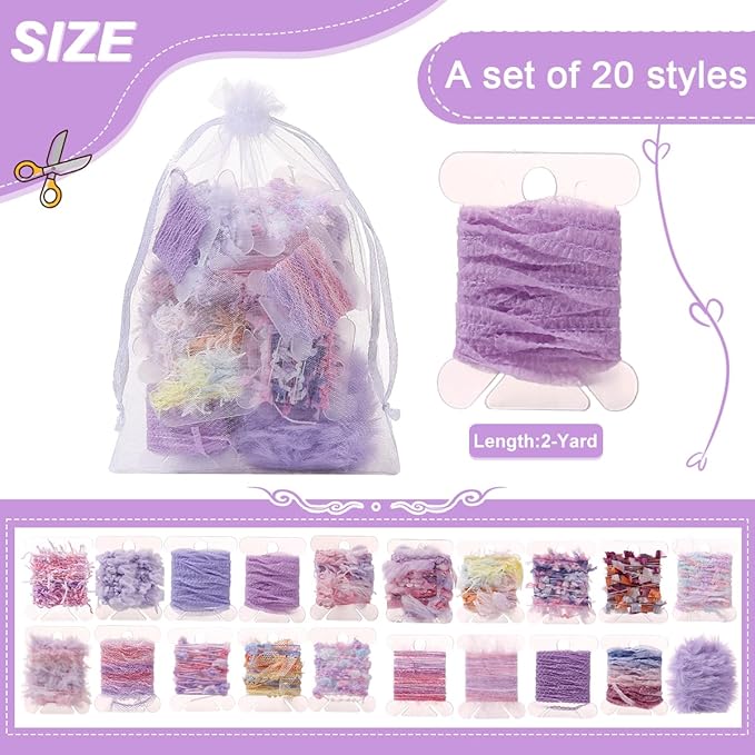 40-Yards Original Art Yarns - 20 Pcs 2 Yards Each Handmade Textile Fibers for Junk Journals, Knitting, Boho Tassels, Mixed Media, Jewelry Making & Decorative Crafts | Vintage Style Assortment