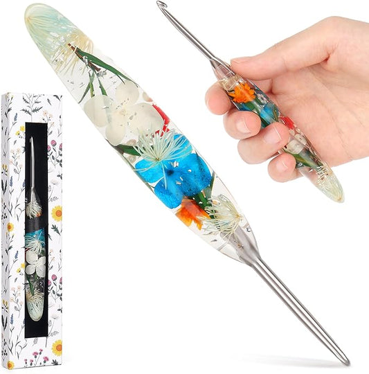 Katech 4.0mm Crochet Hook for Arthritic Hands, Hand-Polished Stainless Steel Ergonomic Crochet Hooks with Customized Sparkle Dried Floral Grip, Soft Tapered Hook-Crochet Gift for Beginner & Crocheter