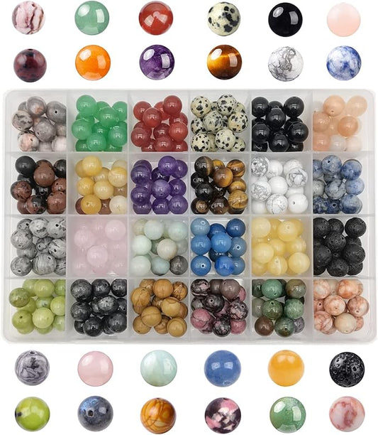 288pcs Natural Round Stone Beads Genuine Real Stones Beading Loose Gemstone DIY for Bracelet Necklace Earrings Jewelry Making (10mm-24 Color S1, 10mm)