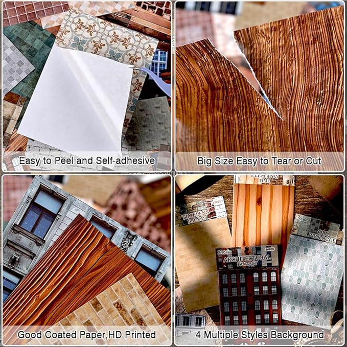 Retro Wall Pattern Collection Self-Adhesive Background Stickers for Journaling and Scrapbooking Supplies, 40 Sheets 5.5x3.9 Inches Vintage Decorative Stickers for Wall Collage Scrap Book Paper Crafts