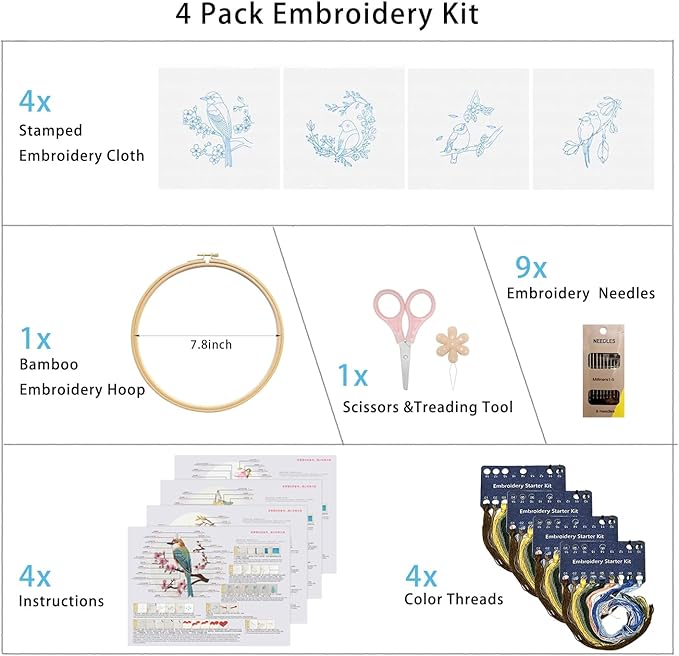 Phylisn 4 Sets Embroidery Kit for Beginners Adults,Needlepoint Starter DIY Kits with Patterns,Hoop,Color Threads,Tools,Easy Learn to Embroider with Instruction & Video