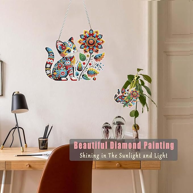Masendp Hanging Diamond Art Decoration Kit 5D Diamond Painting Kit, DIY Flower and Cat Themed Diamond Art Kit Suitable for Beginners and Adults, Home Wall and Garden Decoration