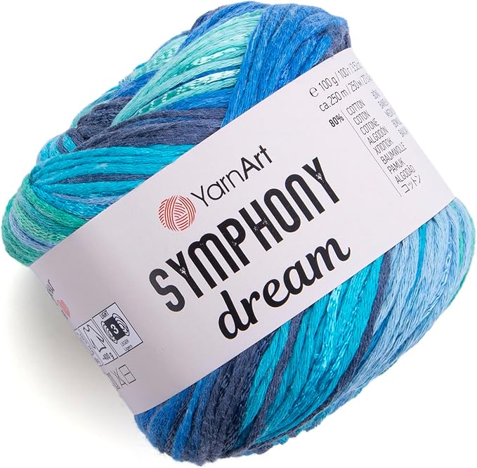 YarnArt Symphony Dream Cotton Yarn -%80 Cotton%20 Viscose Rainbow Multicolor Crochet Knitting Yarn - Suitable for All Blouses, Dresses, Shawls, Bags, Hats - 273 Yards, 3.52 Oz (1 Skein) (3115)