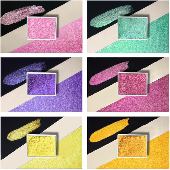Art Supplies Handmade Watercolor Paint Set - 6 Metallic Gold Colors Half Pans Glitter Solid Water Color- Metal Case Sparkle Pearlescent Watercolour for Artists. Purple Pink Red