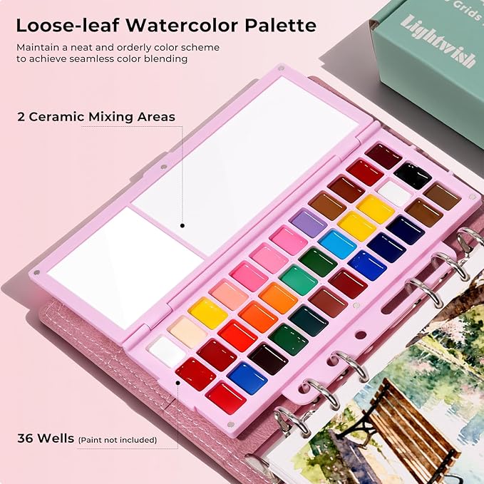 Travel Watercolor Sketchbook Set - 100% Cotton Cold Press 6.7x3.9 Inch Binder Art Journal with 36-Well Ceramic Paint Palette & 2 Travel Watercolor Brushes for Artists Outdoor Painting