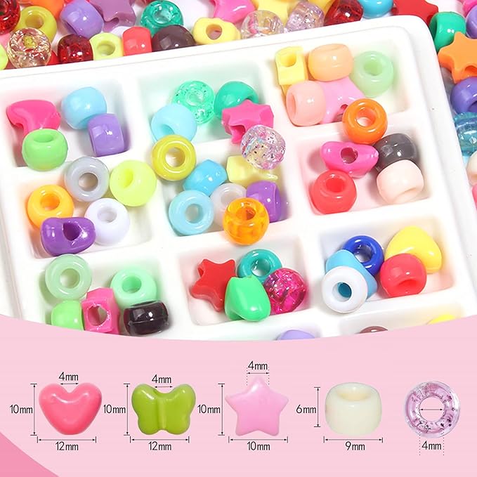 1000PCS Pony Assorted Beads for Bracelets,9mm Acrylic Beads Bulk with Cute Heart Star Butterfly Assorted Shaped for Braid Keychain Charms for Bracelet Necklace Jewelry Making Supplies