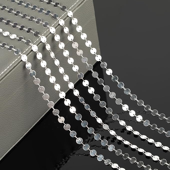 YOUBEIYEE 16.4 Feet Silver Sequin Chains for Jewelry Making Silver Plated Brass Jewelry Chain Roll with Jump Rings and Lobster Clasps
