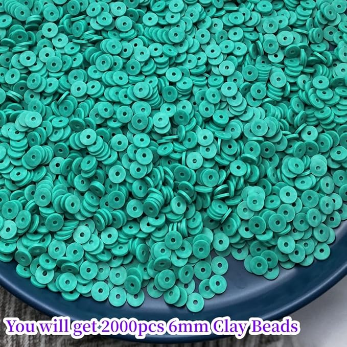 2000pcs Heishi Vinyl Beads Flat Round Polymer Clay Spacer Beads for Making Bracelet Necklace Earring Accessories DIY Handmade Craft(Lake Green, 6mm)