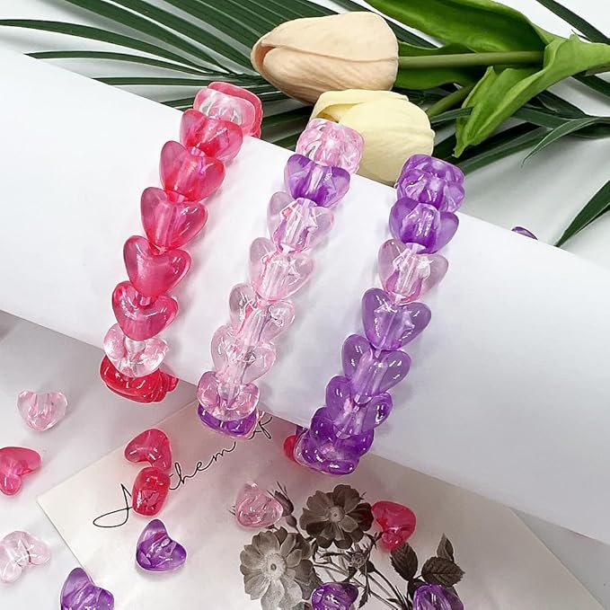 MIIIM 500 Pcs Clear Purple Pink Heart Pony Beads Shapes for Friendship Bracelet, Large Hole Kandi Beads for Hair Braids, Jewelry Making (Clear Purple Pink)
