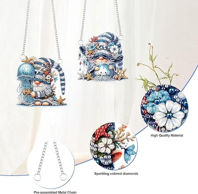 2 Pack Ocean-Themed DIY Diamond Painting Ornaments – Gnome & Jellyfish Design with Irregular Shaped Gems, 5D Acrylic Hanging Kit for Window & Wall Decor, Mosaic Craft Gift Set