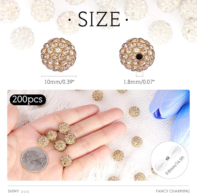 200 pcs light brown rhinestone beads for jewelry making, sparkle crystal clay christmas for bracelet baseball necklace earring crafting and diy, shiny round shamballa disco ball beads bulk
