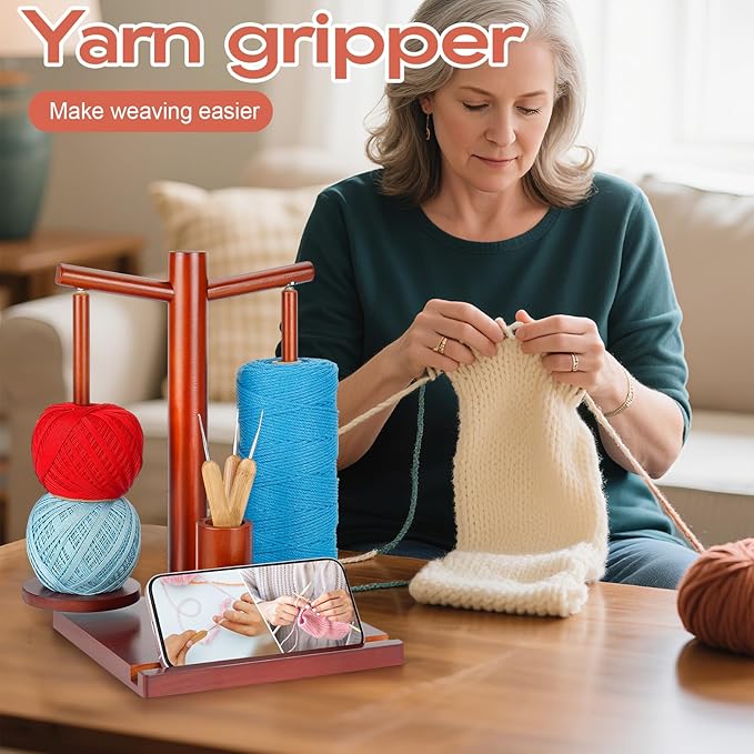 Yarn Holder for Crocheting, Wooden Rotating Yarn Spinner with 2 Spindles and Phone Stand, Magnetic Spinning Yarn Holder for Crochet Knitting Lovers
