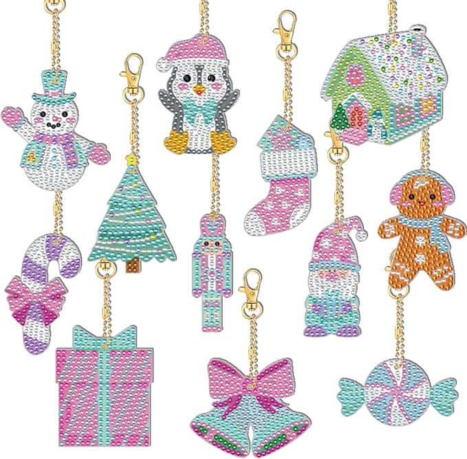 Cinrobiye 12 Pieces Christmas Diamond Painting Keychains Kits with Tools Christmas Diamond Art Hanging Ornaments DIY Xmas Refrigerator Decor Craft Kits for Gift Wrap Tags Holiday Party (Christmas2)