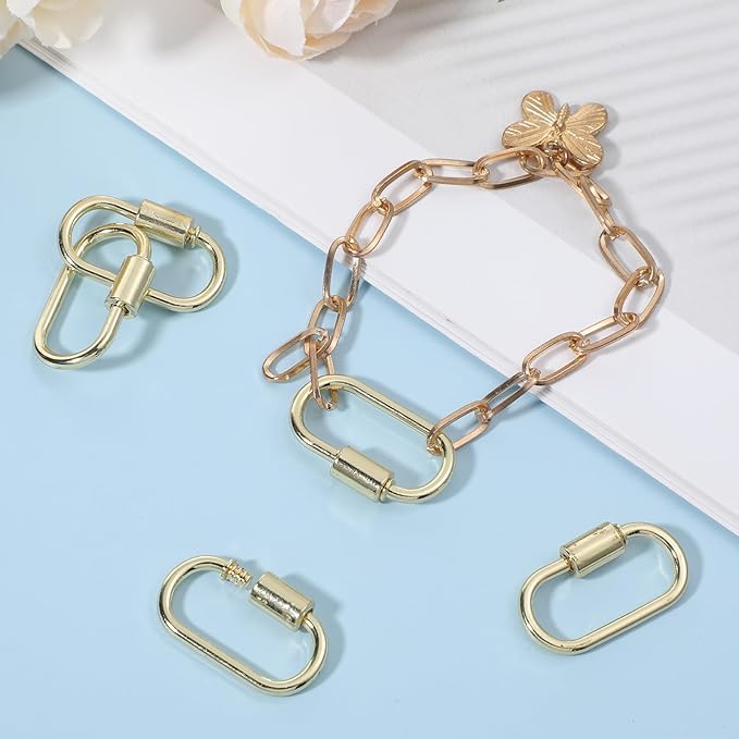 10pcs Small Locking Charms, Screw Carabiner Lock Charms Metal Oval Keyring Holder Clasp Carabiner Necklace Clasps Gold Keychain Clip for DIY Jewelry Making Handbag Accessory(Gold)