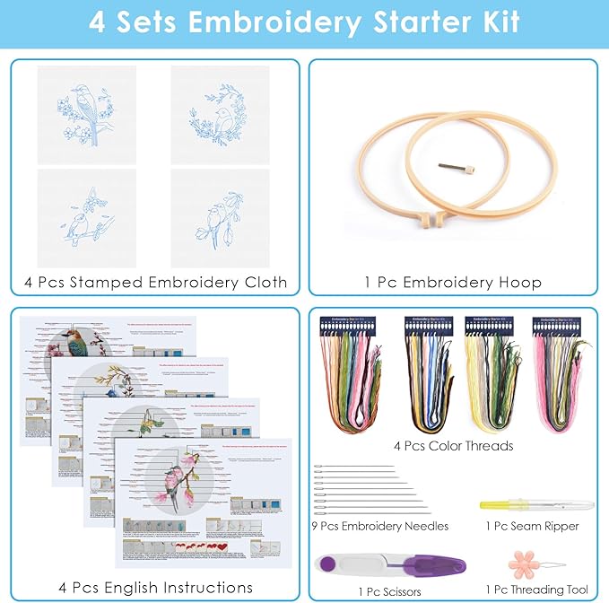 ERKOON 4 Sets Embroidery Kit for Beginners,Hummingbird and Flower Cross Stitch Set for Include Embroidery Cloth Hoops Threads for Craft Lover Hand Stitch (Flowers and Birds)