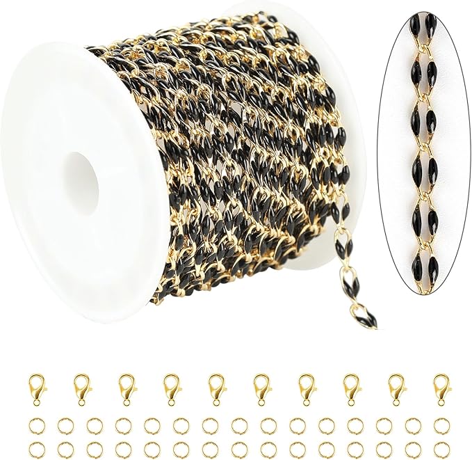 13 Feet/4M Gold Plated Brass Jewelry Making Chain Spool Black Oil Drip Enamel Chain Necklace Large Lip Chain with Lobster Clasps Jump Rings for DIY Craft Supply Jewelry Findings